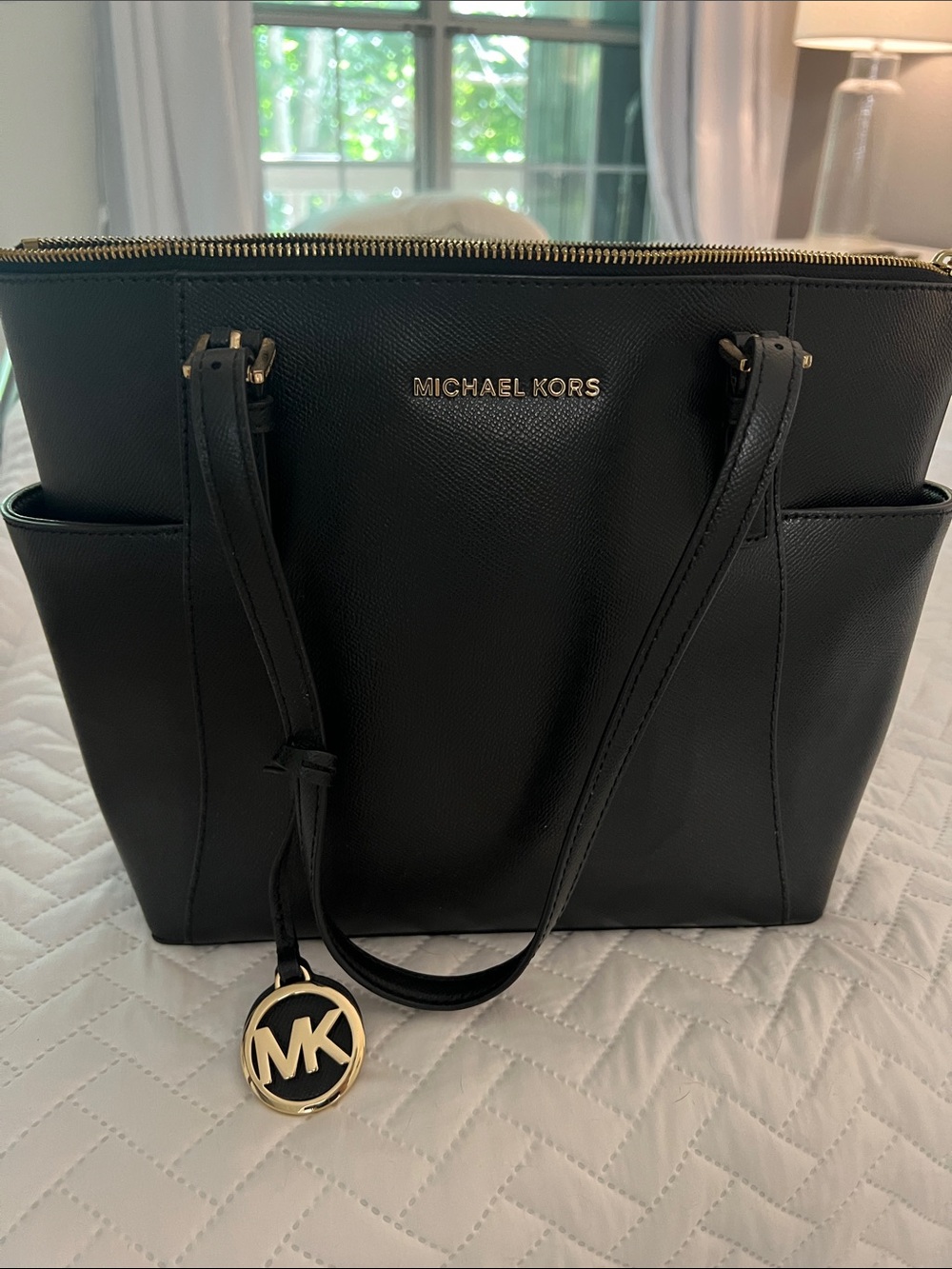 Michael Kors Black Saffiano Leather Tote with Gold MK Charm